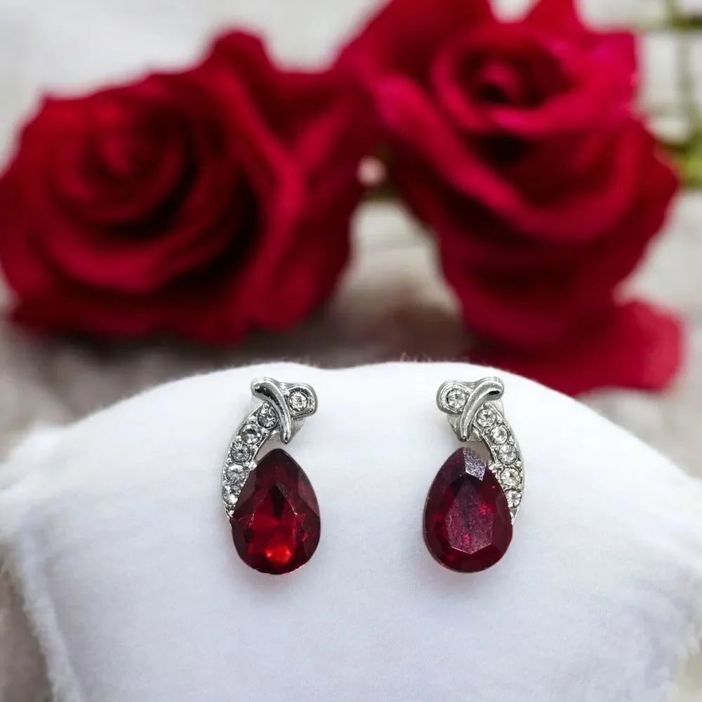 Striking Red Teardrop Gemstone Earrings Silver Pierced Women's Fashion Jewelry